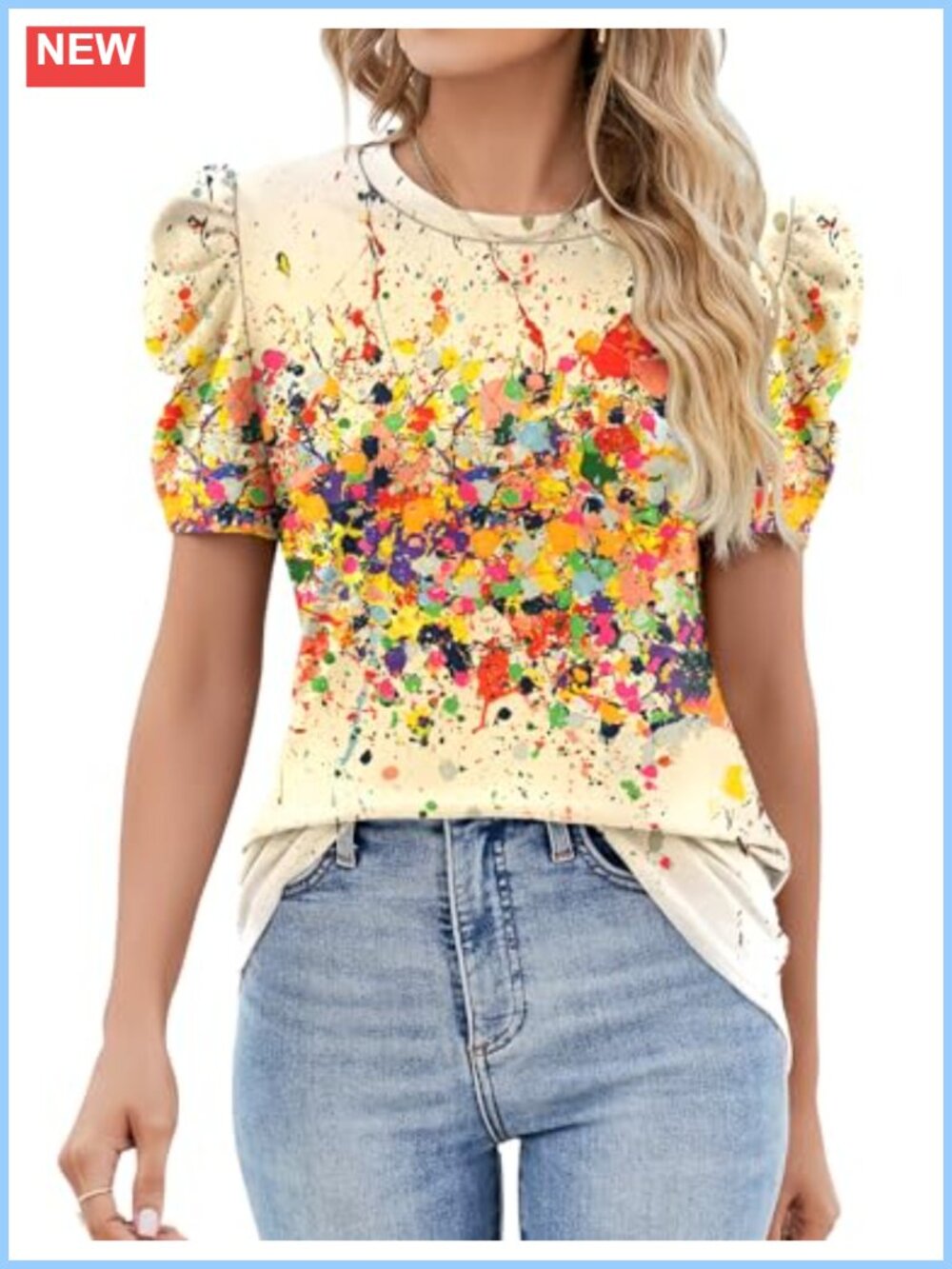 Ivicoer Puff Short Sleeve Eyelet Blouse Crewneck Summer Top Loose Fit